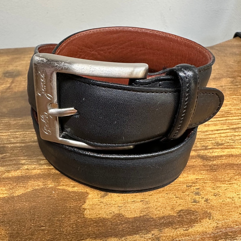 Bobby Jones Mens Black Leather Belt Silver Tone Solid Brass Buckle Size 36‎ 90